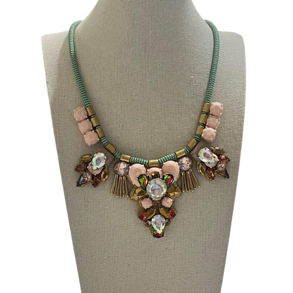 J.Crew Dragonfly Crystal Statement Necklace Multi-Color Gold Pink Turquoise - Picture 3 of 4